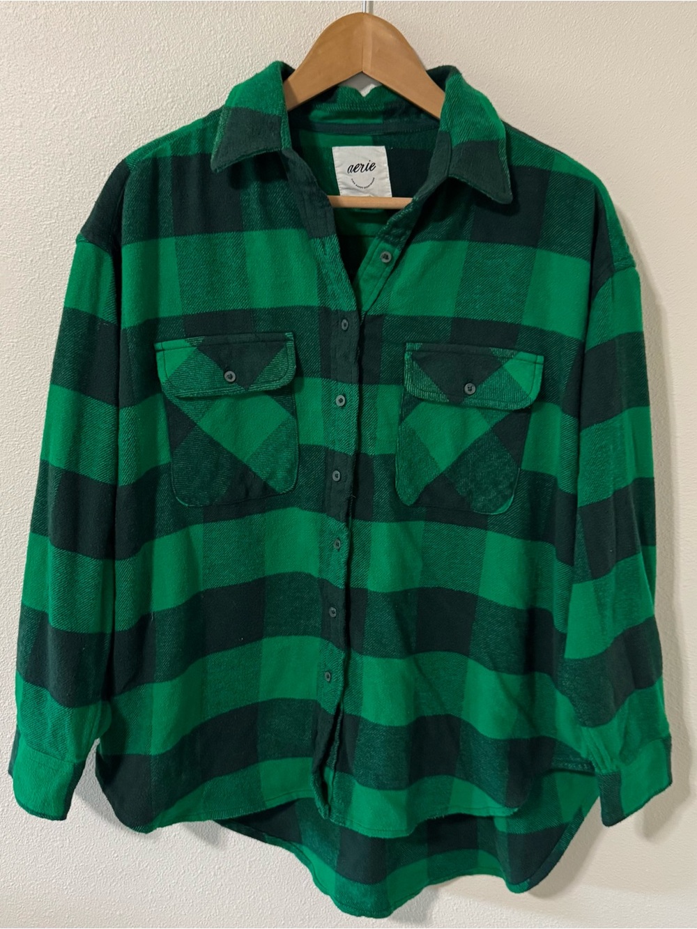 Aerie LumberJane Flannel Shirt Green Alpine Plaid Gorpcore Outdoor Granola-XS